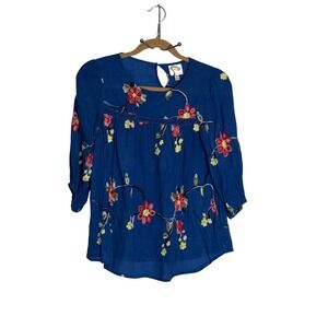 Fig and Flower Anthro Blue Embroidered Floral Boho Blouse 3/4 Sleeve  S